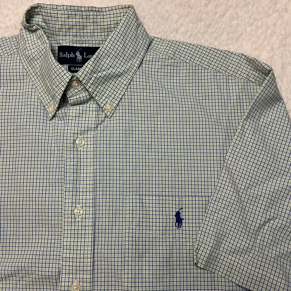 Ralph Lauren Button Down Mens Large Green Blue Classic‎ Fit Short Sleeve Plaid